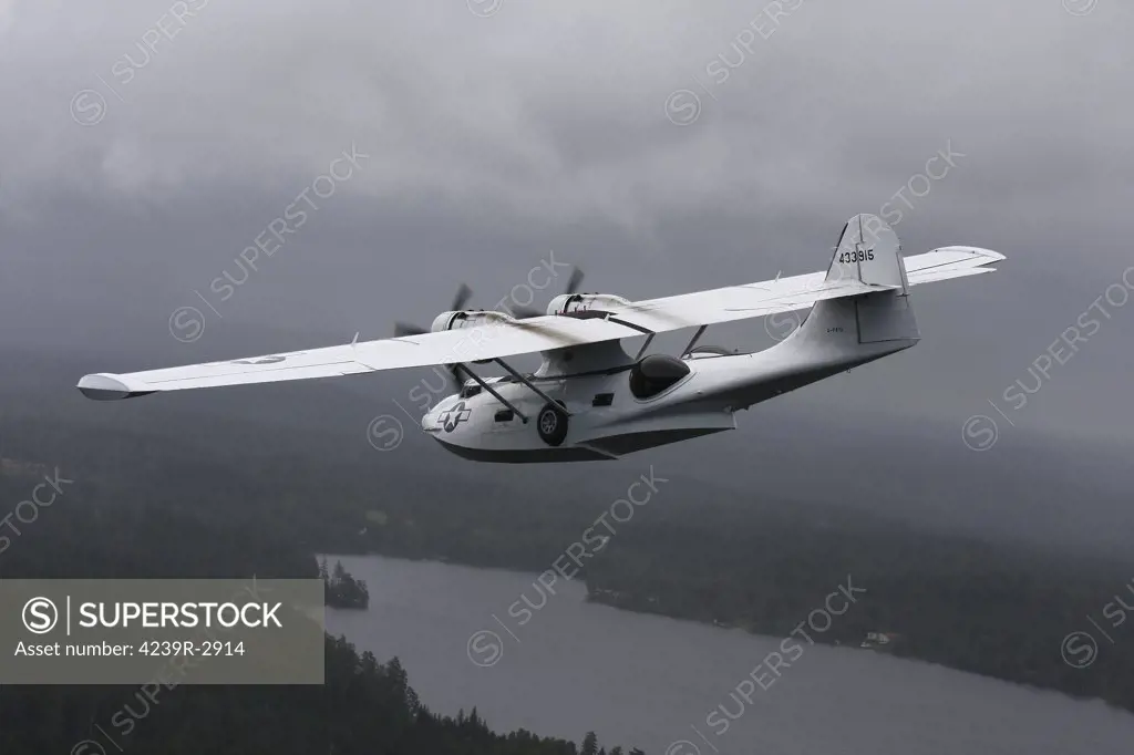 Boras, Sweden - Consolidated PBY Catalina vintage flying boat in U.S. Army Air Force naval rescue colors.