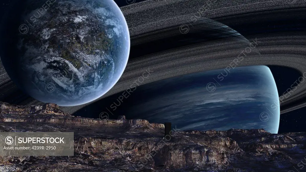 A ringed gas giant is home to several worlds and worldlets. Hommage to 2001.
