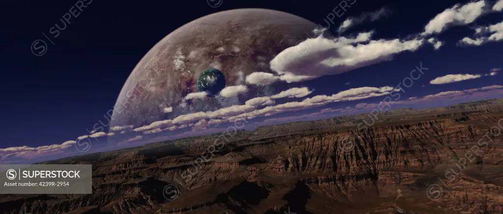 Artist's concept of a canyon on an extraterrestrial world with planets rising in the background.