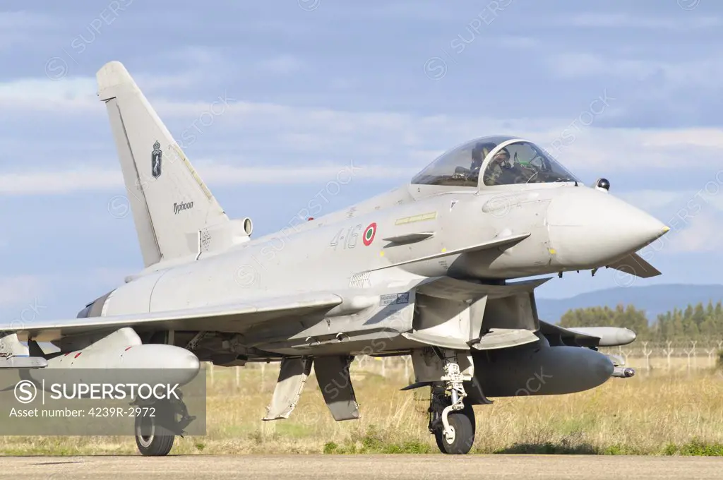 A Eurofighter 2000 Typhoon of the Italian Air Force 4th Wing taxiing at Decimomannu Air Base, Sardinia, Italy, during Exercise Vega 2010.