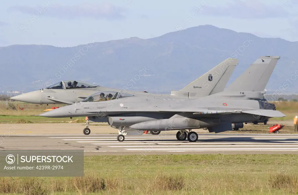 An Italian Air Force Eurofighter 2000 Typhoon and a F-16ADF sit on the flight line at Decimomannu Air Base, Sardinia, Italy, during Exercise Vega 2010.