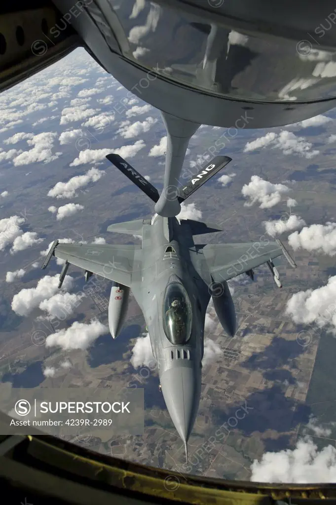 A Chilean Air Force F-16 Fighting Falcon refuels from a U.S. Air Force KC-135 Stratotanker over Brazil during Exercise CRUZEX V.