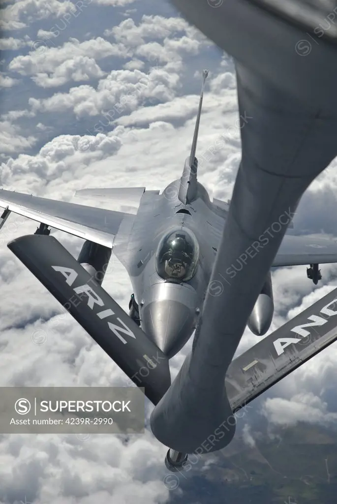 An F-16 from Colorado Air National Guard refuels from a U.S. Air Force KC-135 Stratotanker over Brazil during Exercise CRUZEX V.