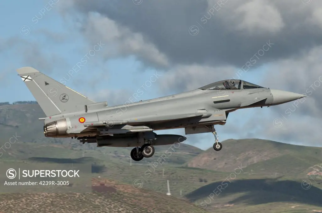 A Eurofighter Typhoon of the Spanish Air Force during DACT Exercise 2010.  A NATO Dissimilar Air Combat Training (DACT) exercise took place at Gando Air Base in the Canary Islands February 27th-March 13th, 2010.  U.S. Air Force F-15 Eagles joined Spanish Air Force Mirage F-1, F/A-18 Hornets and Eurofighter Typhoons.