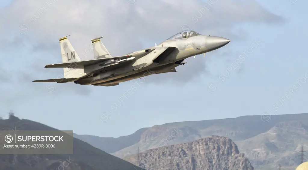 A U.S. Air Force F-15C Eagle in flight over Spain during DACT Exercise 2010.  A NATO Dissimilar Air Combat Training (DACT) exercise took place at Gando Air Base in the Canary Islands February 27th-March 13th, 2010.  U.S. Air Force F-15 Eagles joined Spanish Air Force Mirage F-1, F/A-18 Hornets and Eurofighter Typhoons.