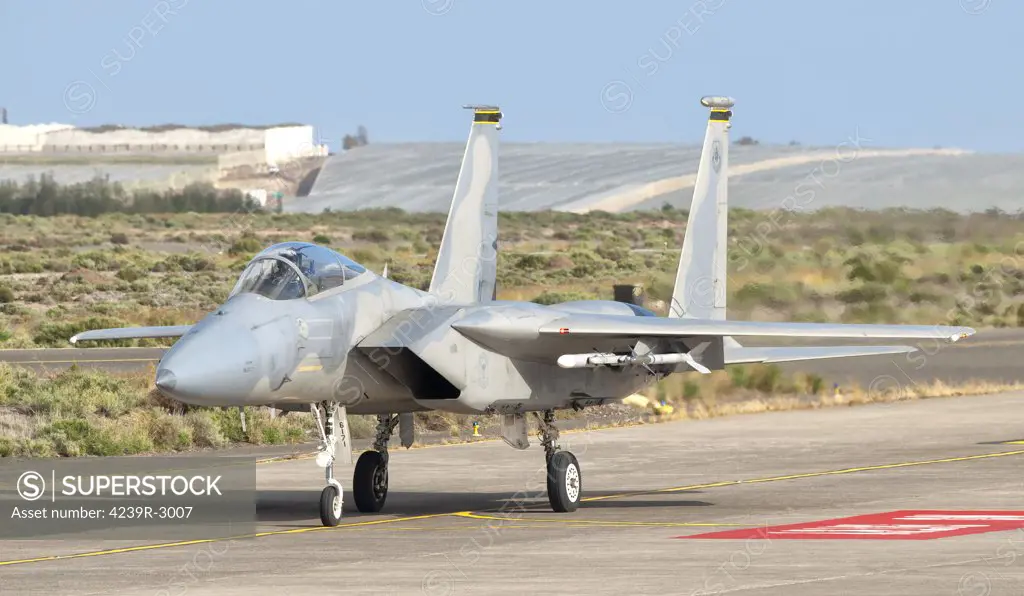 A U.S. Air Force F-15C Eagle on the flight line at Gando Air Base, Spain. A NATO Dissimilar Air Combat Training (DACT) exercise took place in Gando Air Base (Canary Islands) between February 27th and March 13th, where USAF F-15 Eagles joined Spain Air Force Mirage F-1, F/A-18 Hornet and Eurofighter Typhoon.