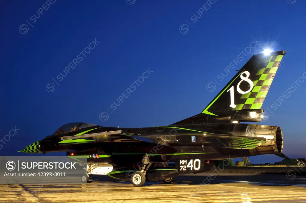 An Italian Air Force F-16 ADF in a custom paint scheme. The Viper is assigned to the 18th squadron based at Trapani Air Base, Sicily.