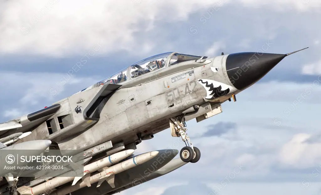 Close-up of an Italian Air Force Panavia Tornado ECR taking off from Decimomannu Air Base, Sardinia, Italy, during Exercise Vega 2010.