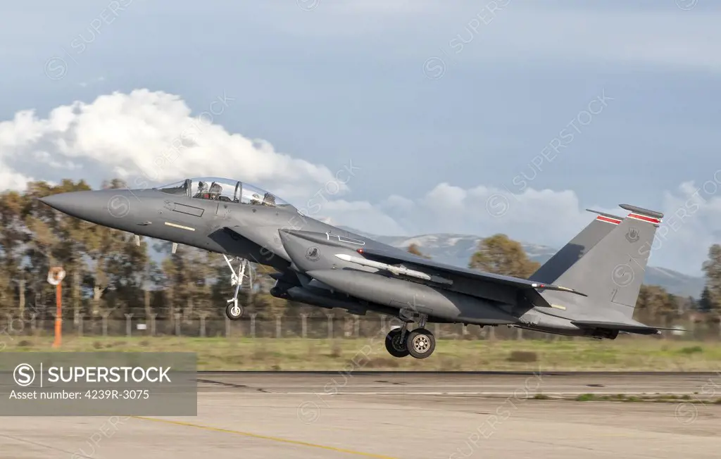 An F-15E Strike Eagle from RAF Lakenheath deploys from Decimomannu Air Base, Italy.
