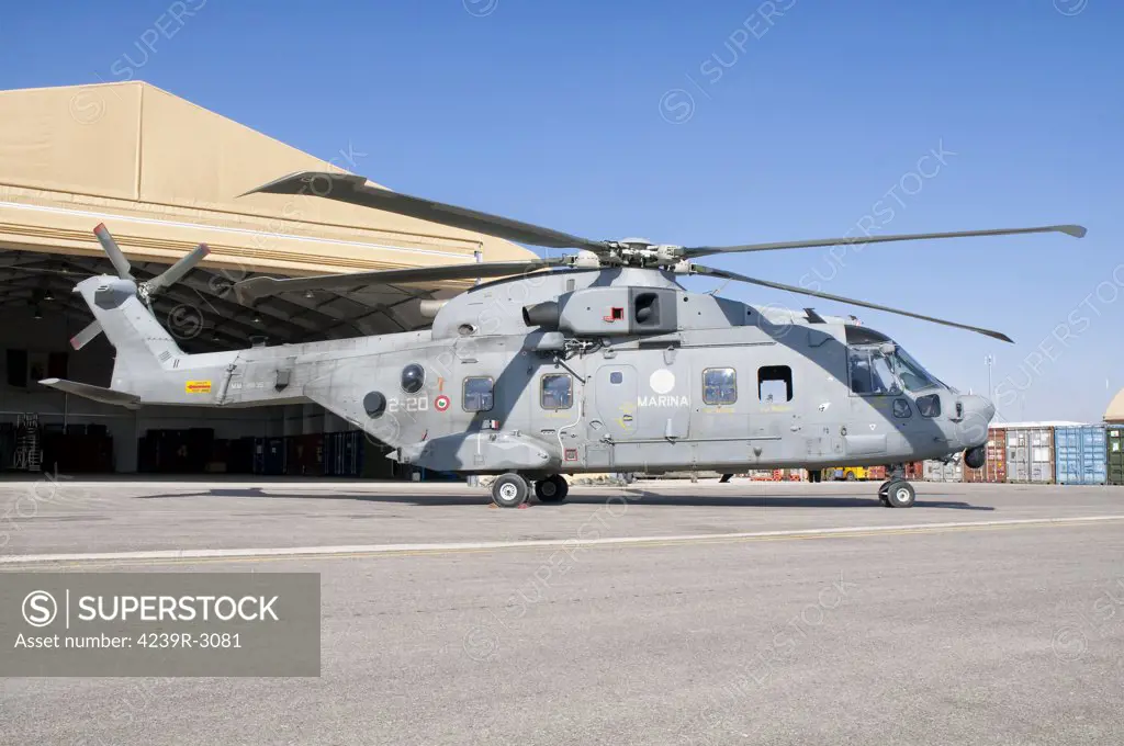 An Italian Navy EH101 helicopter assigned to Task Group Shark, parked at Forward Operating Base Herat, Regional Command West, Afghanistan.