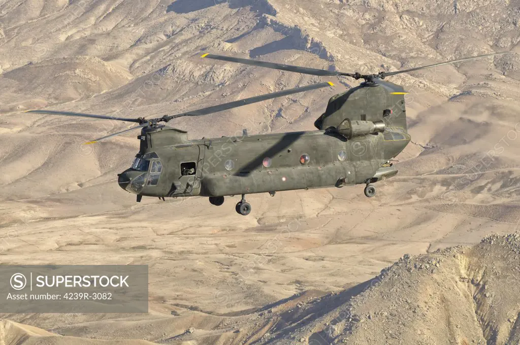 Italian Army CH-47C Chinook helicopter in flight over Afghanistan in support of the International Security Assistance Force (ISAF) mission.