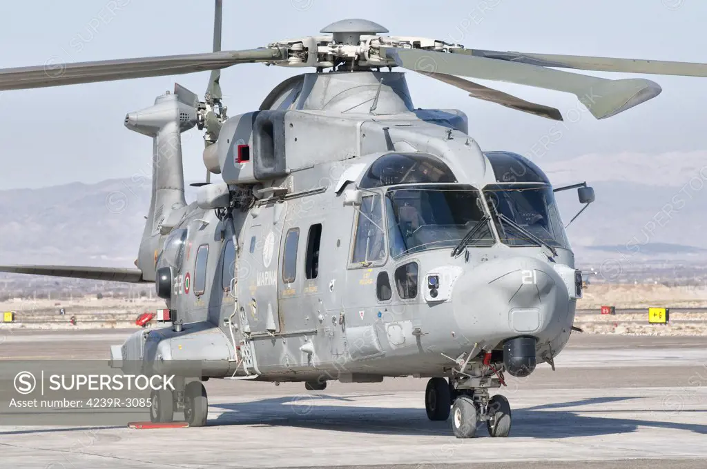 An Italian Navy EH101 helicopter assigned to Task Group Shark, parked at Forward Operating Base Herat, Regional Command West, Afghanistan.