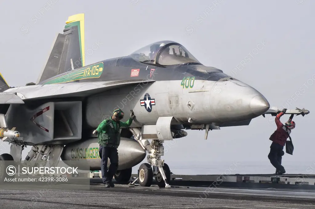 A U.S. Navy F/A-18 Super Hornet assigned to Squadron VFA-105 is ready to launch from a catapult aboard USS Harry S. Truman during Combat Cruise 2010. USS Truman is operating in the 5th fleet area of responsibility off the coast of Pakistan.