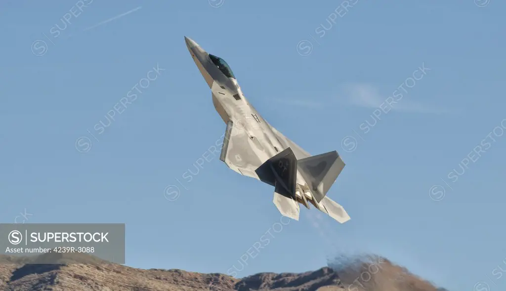 A U.S. Air Force F-22 Raptor takes off from Nellis Air Force Base, Nevada.