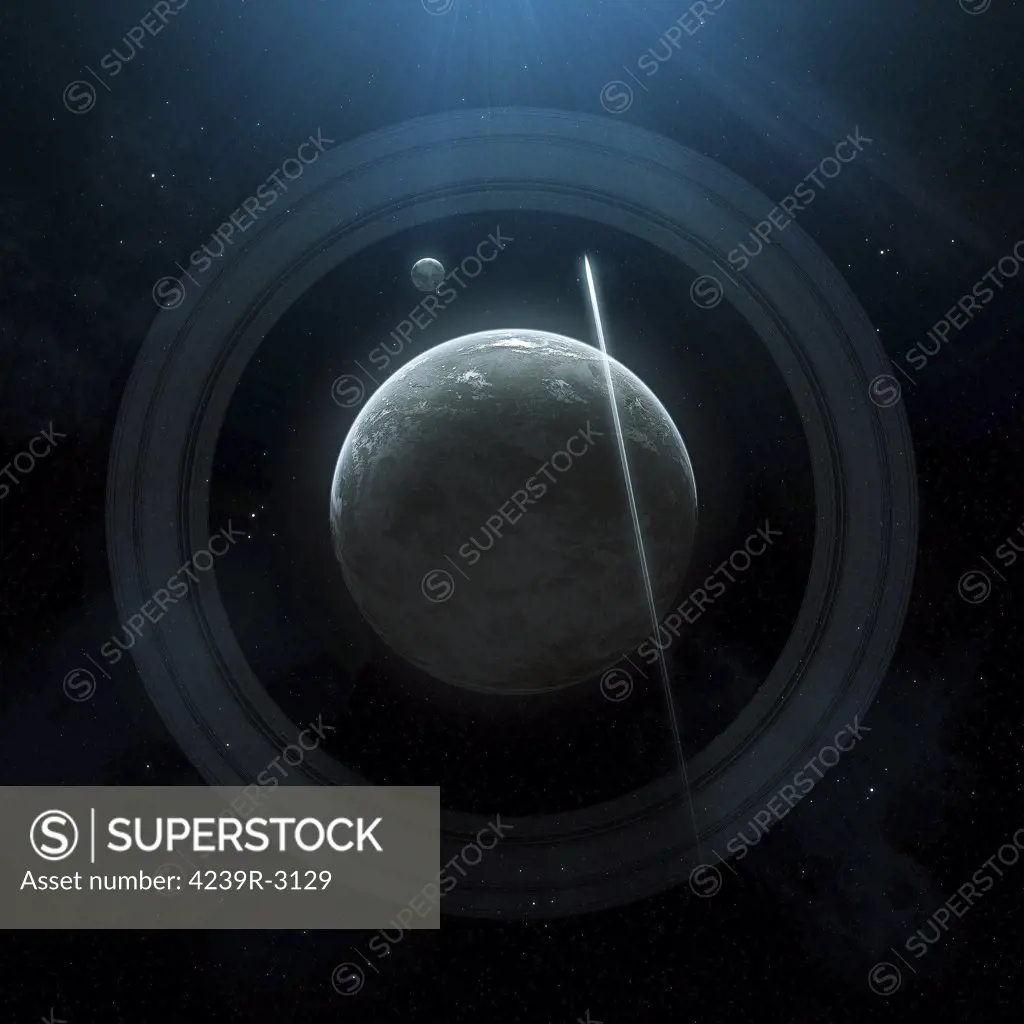 Illustration of a simple planet with a ring system. This digitally generated image was focused on composition and simplicity, with no elaborate lighting schemes or extravagant nebulae formations.