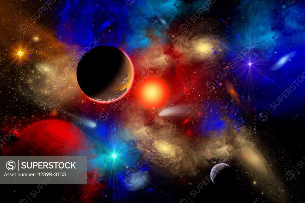 A conceptual image of the universe with its mixture of rich colours and cosmic objects.
