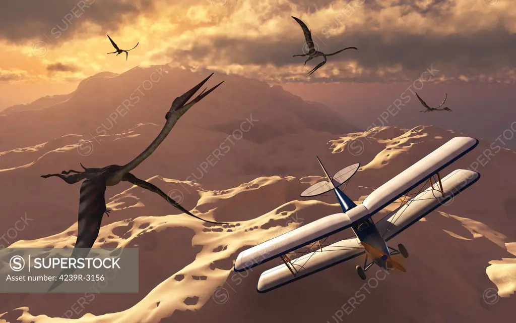 A 1930's Tiger Moth biplane passes through a flock of prehistoric Quetzalcoatlus pterosaurs.