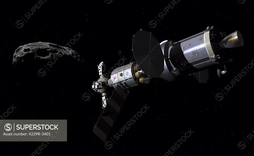 A Deep Space Vehicle (DSV) with an Extended Stay Module (ESM) and Manned Maneuvering Vehicles (MMVs) approaches a small asteroid.