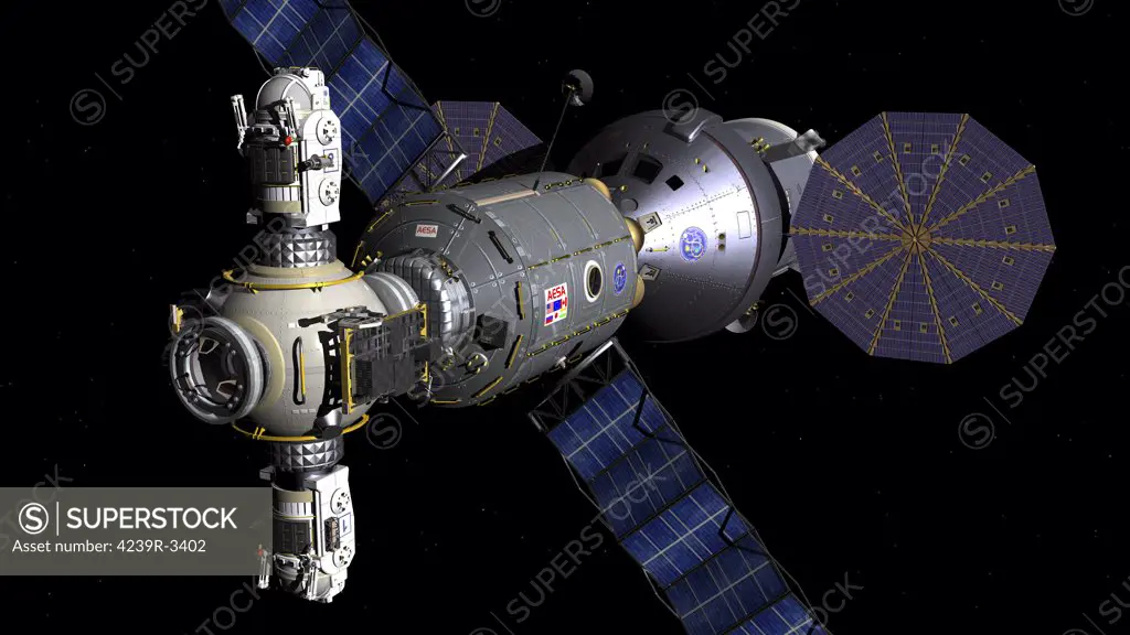 Artist's concept of a Deep Space Vehicle with Extended Stay Module and Manned Maneuvering Vehicles port bow view.