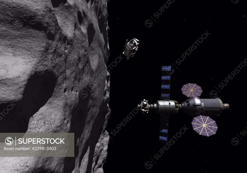 A Manned Maneuvering Vehicle (MMV) piloted by a single astronaut descends toward the surface of a small asteroid. The MMV is designed to travel several miles from the main vessel with life support and fuel enough for a day's exploration.