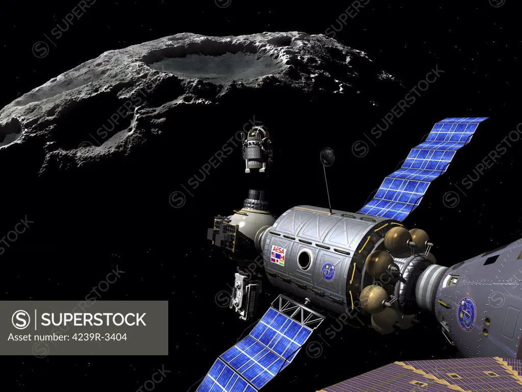 A Manned Maneuvering Vehicle (MMV) piloted by a single astronaut undocks from the main vessel and prepares to descend to the surface of a small asteroid.