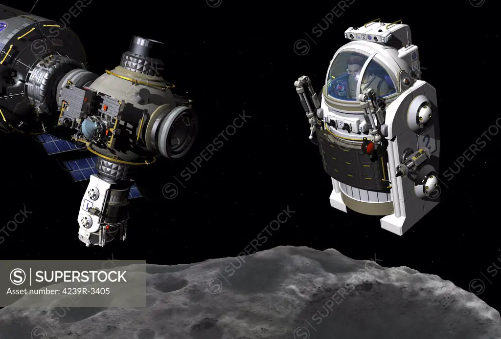 On the right, a Manned Maneuvering Vehicle (MMV) piloted by a single astronaut prepares to descend to the surface of a small asteroid. On the left is the MMV docking module with another MMV on the left preparing to undock.