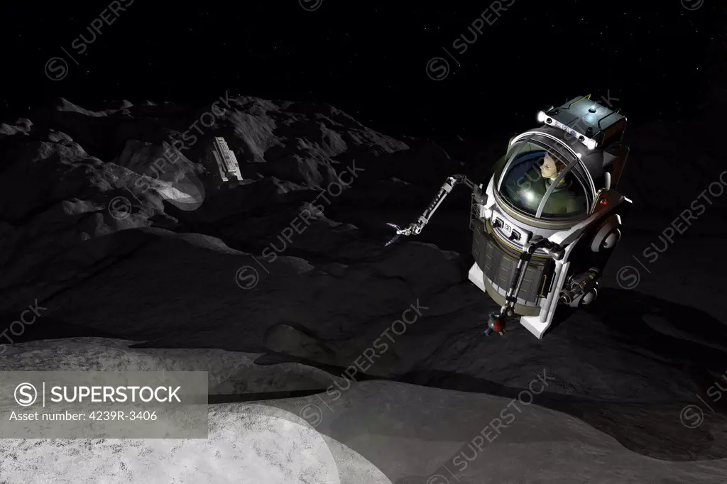 Two Manned Maneuvering Vehicles (MMVs) explore the airless, microgravity environment of a small asteroid. Given the almost total lack of gravity the MMVs are free to navigate the environment like one-man submersibles at the bottom of an ocean.