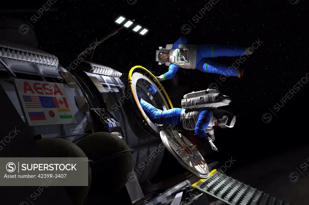 A pair of explorers in space suits exit an Asteroid Lander in preparation for exploring the asteroid's surface.