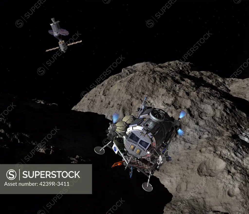 A manned Asteroid Lander descends toward the rugged and cratered surface of an ancient asteroid. Orbiting the asteroid on the upper left is a Deep Space Vehicle (DSV) and Extended Stay Module (ESM).