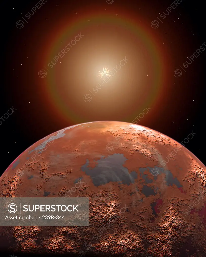 Artist's concept of a distant red planet orbiting its Sun