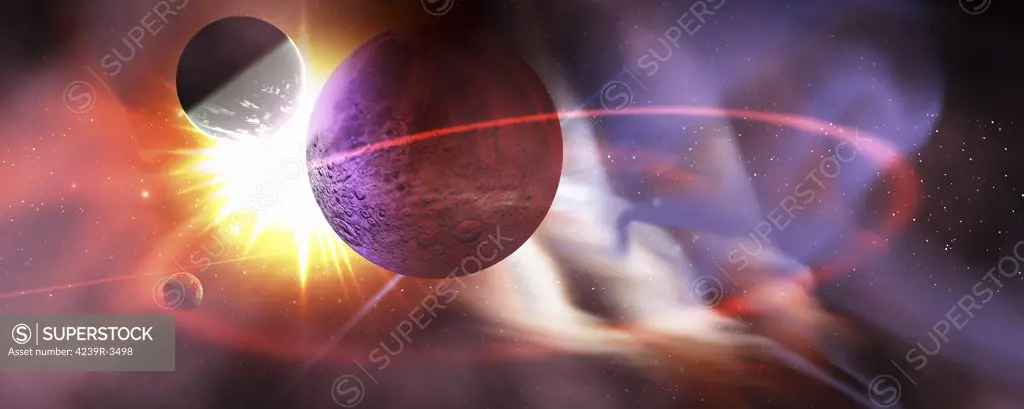 Solar flares radiate from a huge sun near a planet and its orbiting moons.