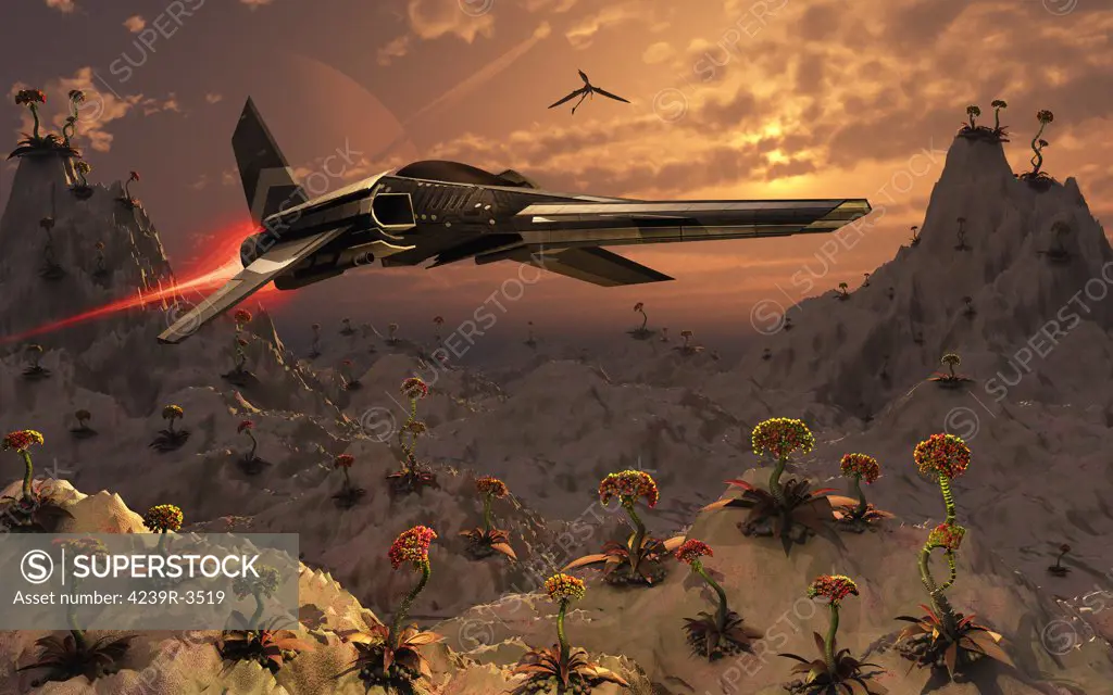 A futuristic scene depicting an Earth ship patrolling a distant alien world.