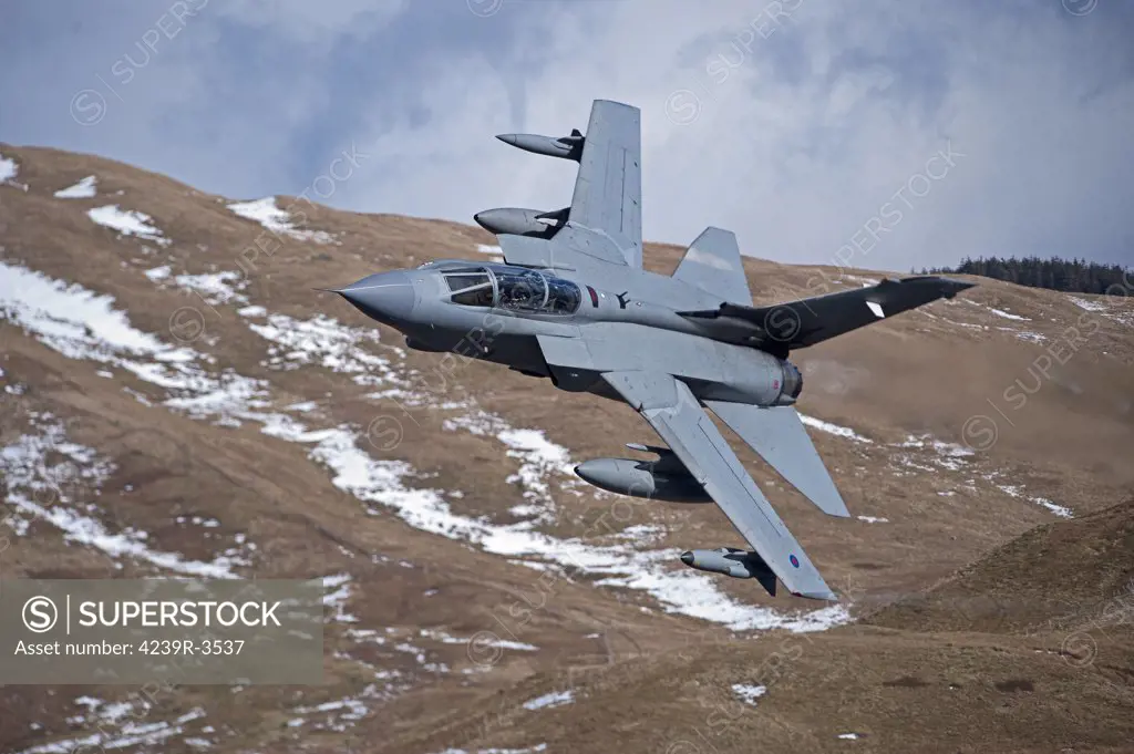 A Royal Air Force Tornado GR4 during low fly training in North Wales. The Tornado GR4 is a multirole fighter aircraft capable of delivering a wide variety of weapons.
