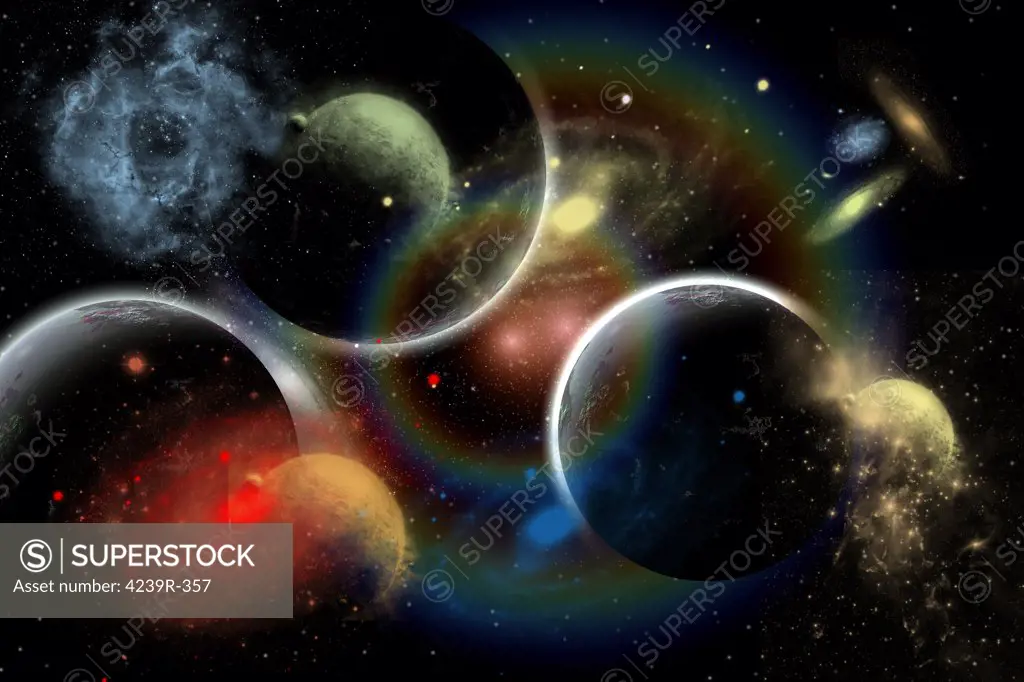 Artist's concept illustrating the edge of space, whereas time blurs planets, galaxies, nebula, and stars into one beautiful cosmic scene