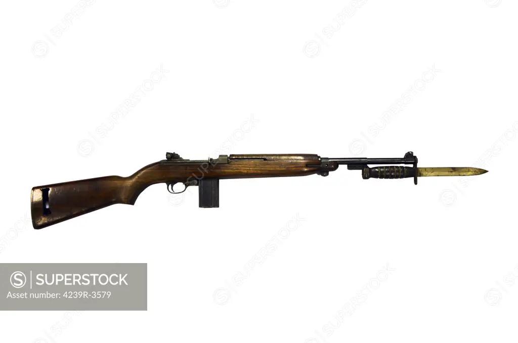 Semi-automatic M1 Carbine, a standard firearm for the U.S. military in the World War II era.