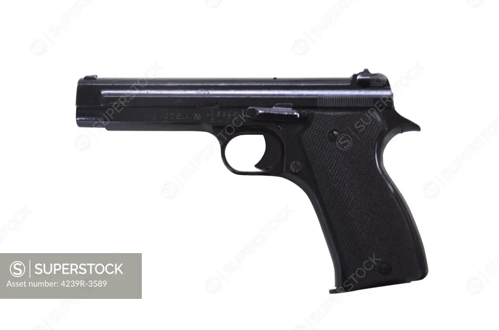 MAS Model 1935A French semi-automatic pistol chambered for the 7.65mm Longue cartridge. Although handgun use often includes bracing with a second hand, the essential distinguishing characteristic of a handgun is its facility for one-handed operation.