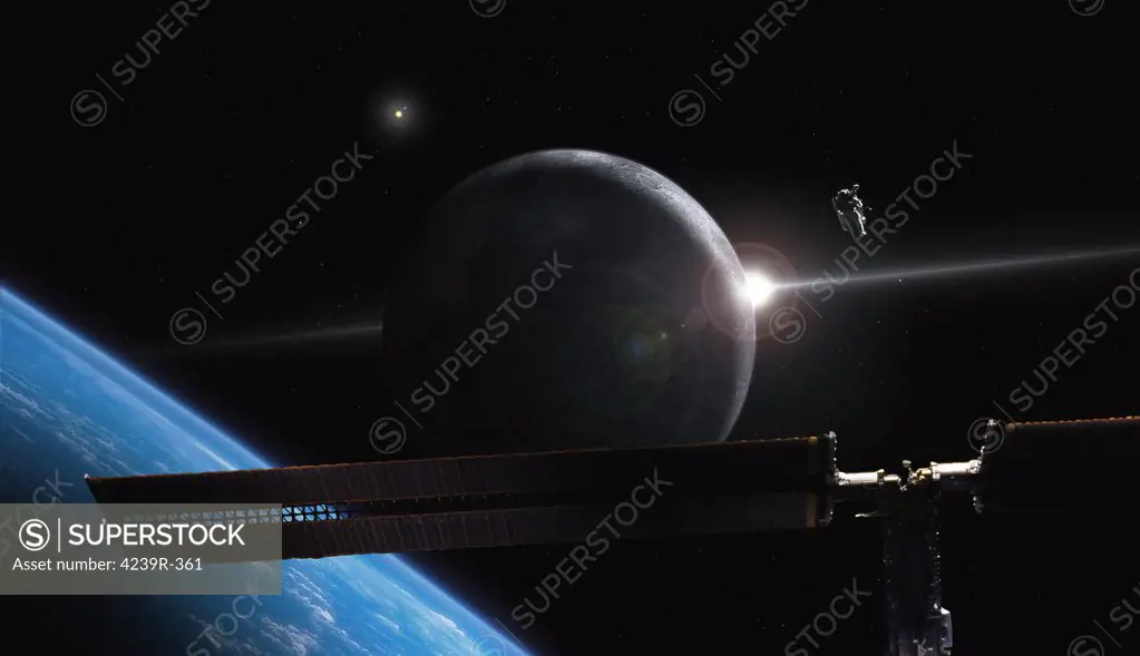 Futuristic illustration concept depicting astronaut in orbit over earth-like planet system with space station