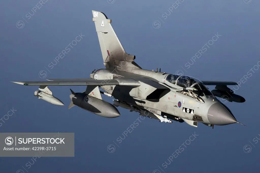 April 8, 2011 - A Royal Air Force Panavia Tornado GR4 armed with Brimstone missiles and laser-guided bombs shortly before entering Libyan airspace for a close air support mission in support of Operation Unified Protector over the Mediterranean Sea close to Libya.