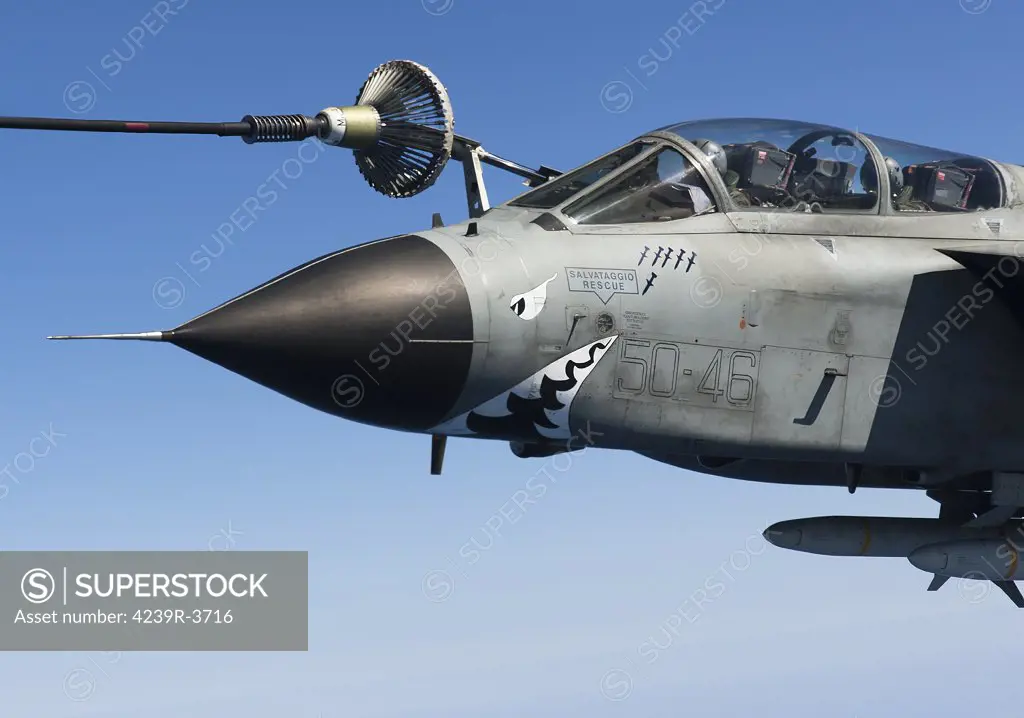 April 8, 2011 - Close-up view of an Italian Air Force Panavia Tornado IDS refueling shortly before entering Libyan airspace for a suppression of enemy air defenses mission in support of Operation Unified Protector over the Mediterranean Sea close to Libya.