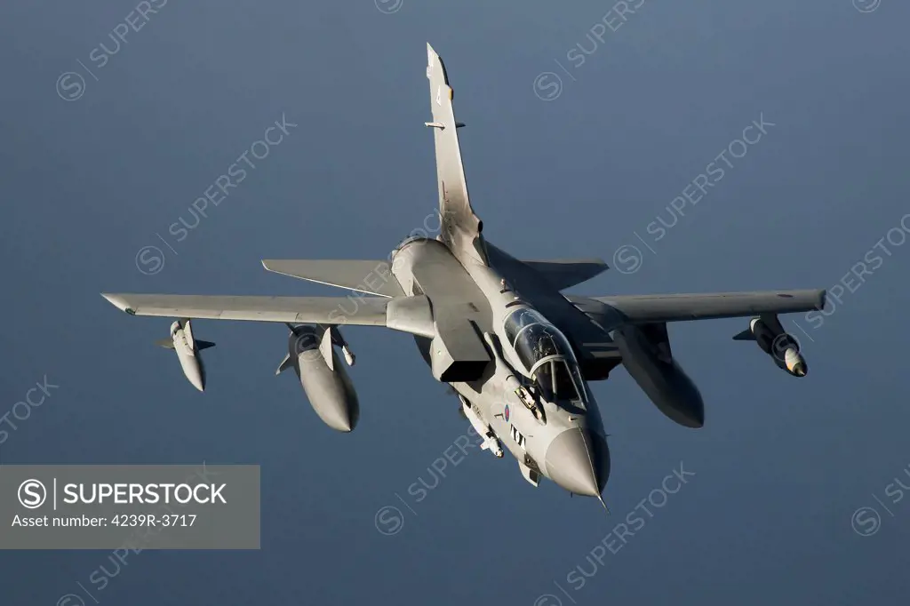April 8, 2011 - A Royal Air Force Panavia Tornado GR4 armed with Brimstone missiles and laser-guided bombs shortly before entering Libyan airspace for a close air support mission in support of Operation Unified Protector over the Mediterranean Sea close to Libya.