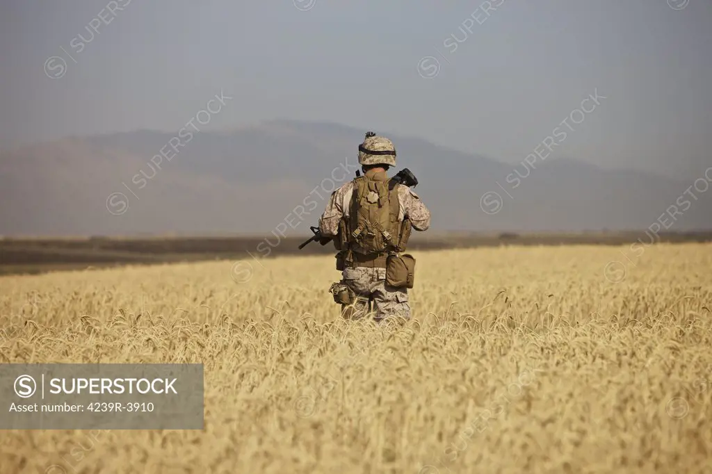 U.S. Marine patrols a wadi near Konduz, Afghanistan clearing it for a range exercise.