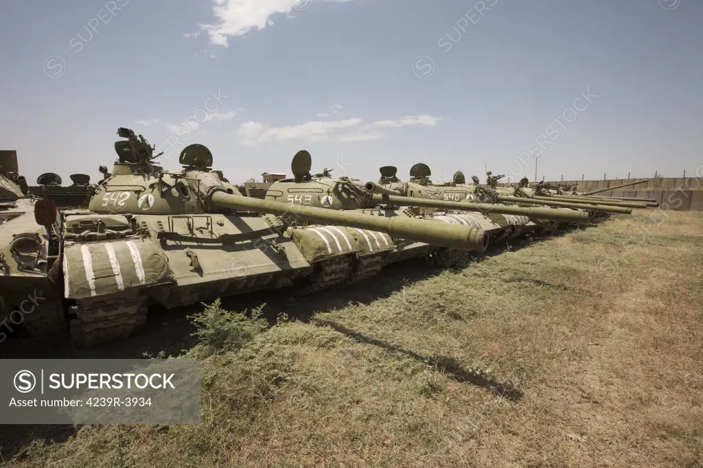 Russian T-54 and T-55 main battle tanks rest in an armor junkyard in Kunduz, Afghanistan.