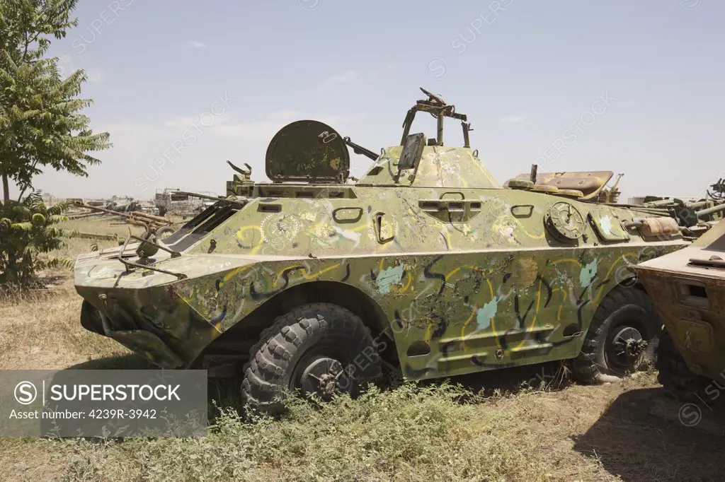 A BRDM-2 Combat Reconnaissance/Patrol vehicle rests in an armor junkyard in Kunduz, Afghanistan. The BRDM-2 is an amphibious armoured patrol car used by Russia and the former Soviet Union.