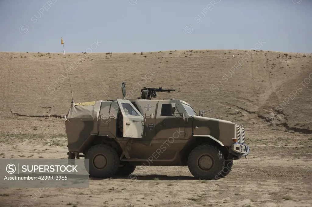 Kunduz, Afghanistan - The German Army ATF Dingo is a German heavily armored military infantry mobility vehicle, simialr to an American MRAP. It has a V-hull design to deflect any IED blast to mimimalize damage to the troops within.