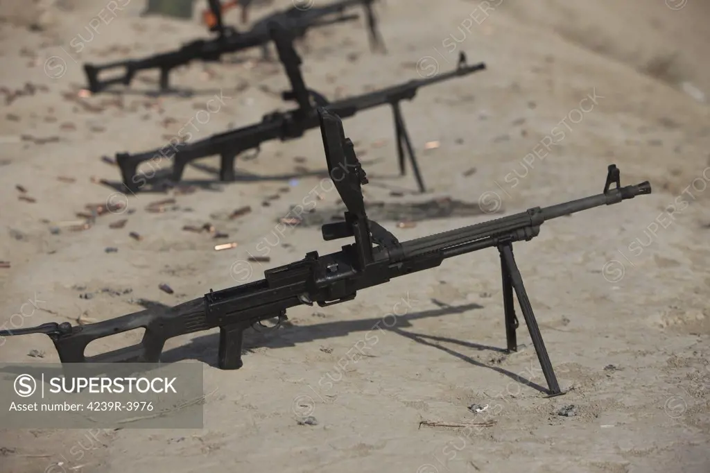 PK 7.62 mm general-purpose machine guns stand ready on a firing range in Kunduz, Afghanistan.