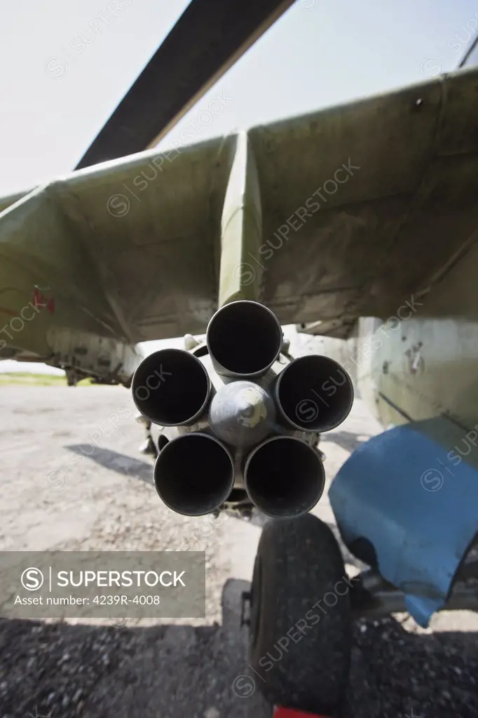 Close-up view of the rocket pod on an Mi-35 attack helicopter of the Afghan National Army Air Corp at Kunduz Airfield, Afghanistan.