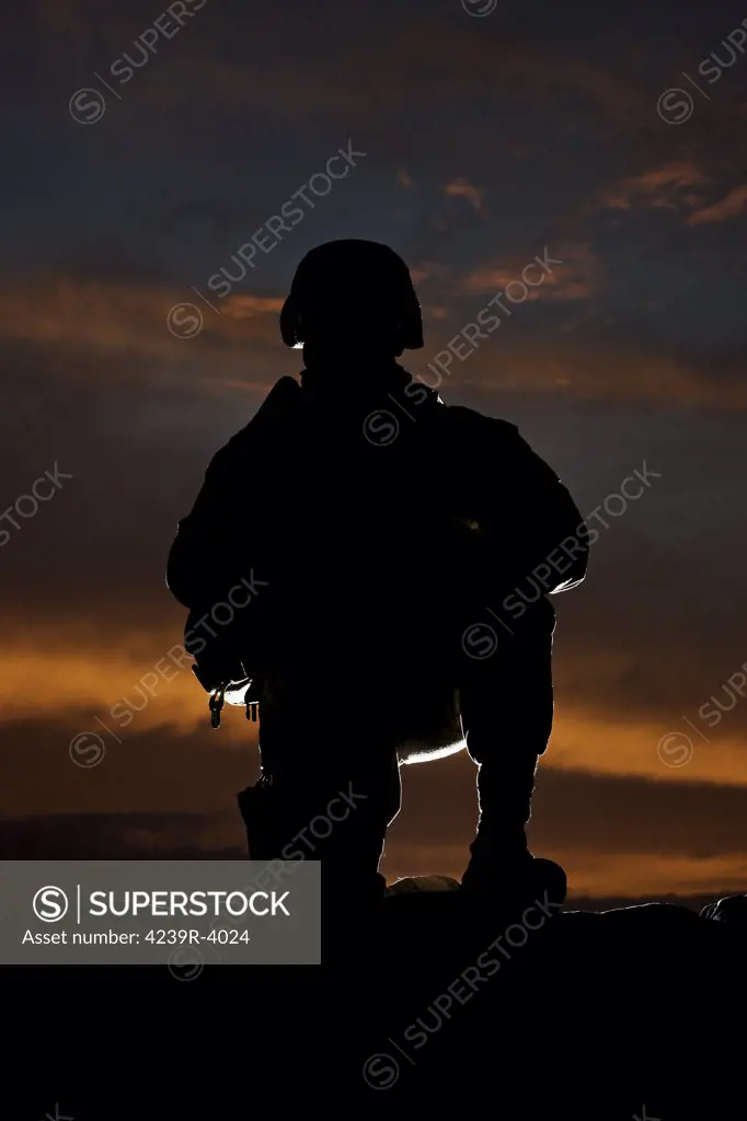 Silhouette of a U.S. Marine in uniform.