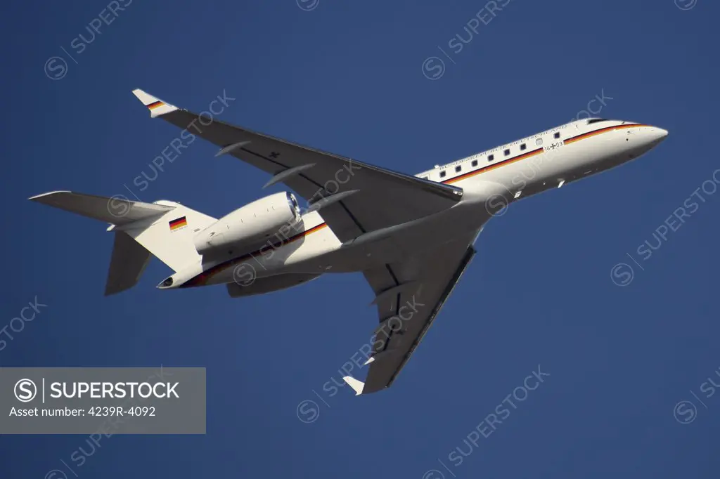 Stuttgart Airfield, Germany - A Bombardier Global 5000 VIP jet of the German Air Force in flight.