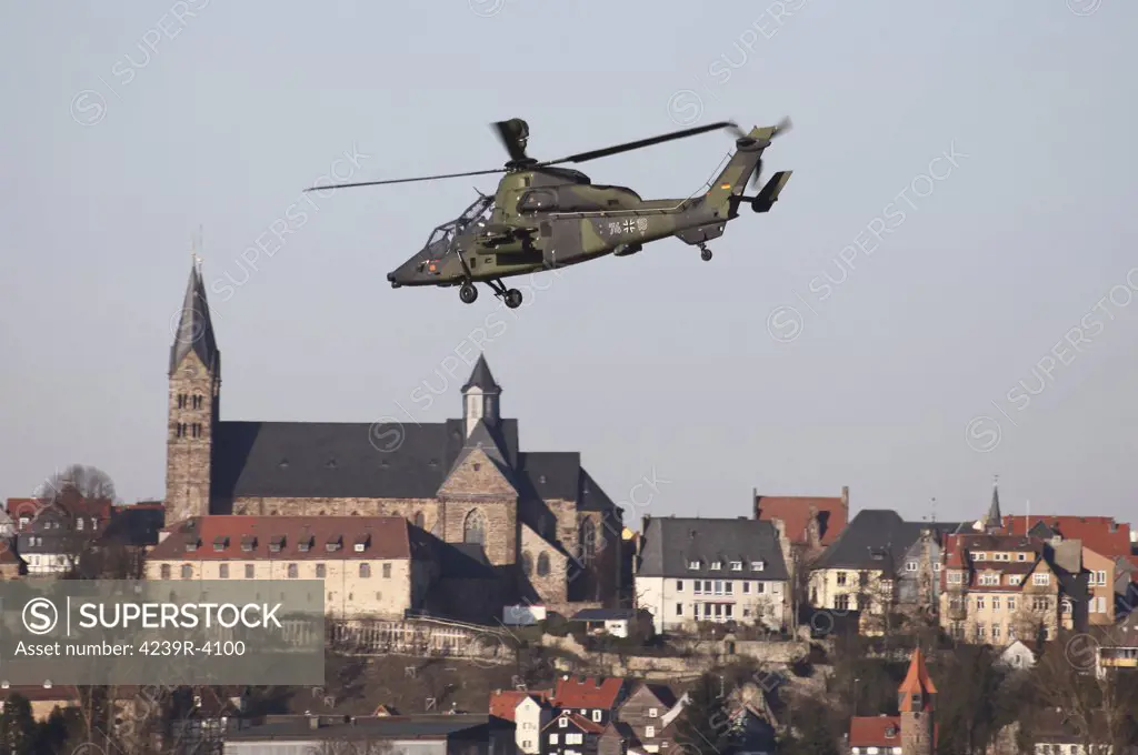 German Tiger Eurocopter flying over the town of Fritzlar, Germany, in preparation for Afghanistan deployment.
