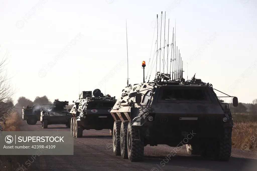 A convoy of German Army TPz Fuchs armored personnel carriers and combat vehicles train for Afghanistan deployment during Exercise Bora at Letzlingen Army Training Center, Germany.